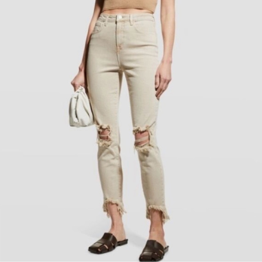 L'AGENCE Cream Distressed Ankle Jeans